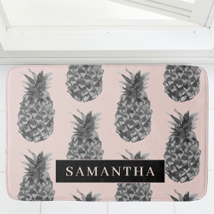 Tropical Grey & Pink Pineapple Pattern With Name Bath Mat