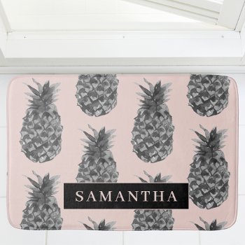 Tropical Grey & Pink Pineapple Pattern With Name Bath Mat by LovePattern at Zazzle
