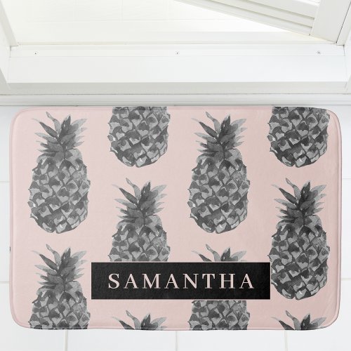 Tropical Grey  Pink Pineapple Pattern With Name Bath Mat
