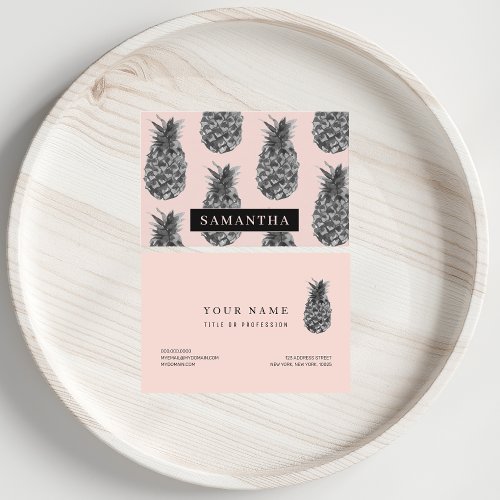 Tropical Grey  Pink Pineapple Pattern With Name Business Card