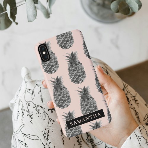 Tropical Grey  Pink Pineapple Pattern With Name iPhone XS Max Case