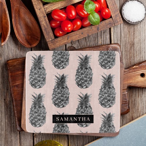 Tropical Grey  Pink Pineapple Pattern With Name Cutting Board