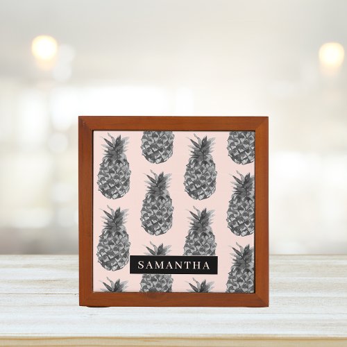 Tropical Grey  Pink Pineapple Pattern With Name Desk Organizer