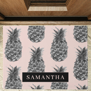 Tropical Grey & Pink Pineapple Pattern With Name Doormat