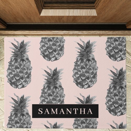 Tropical Grey  Pink Pineapple Pattern With Name Doormat