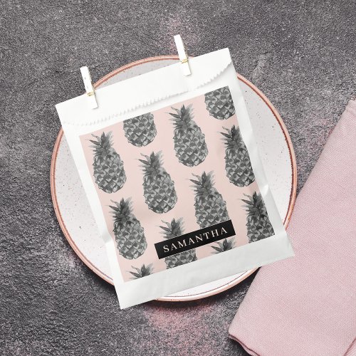 Tropical Grey  Pink Pineapple Pattern With Name Favor Bag