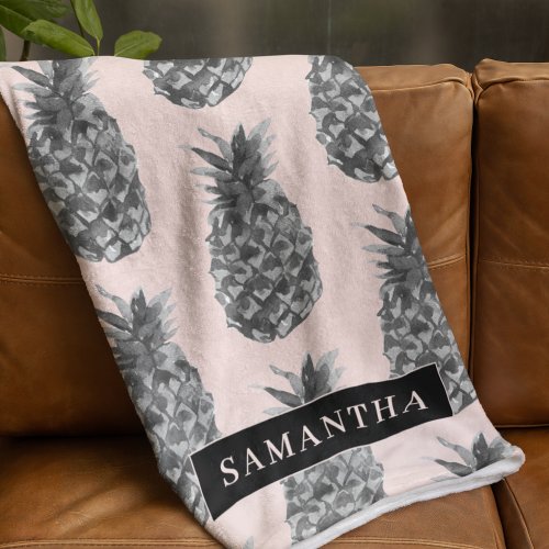Tropical Grey  Pink Pineapple Pattern With Name Fleece Blanket