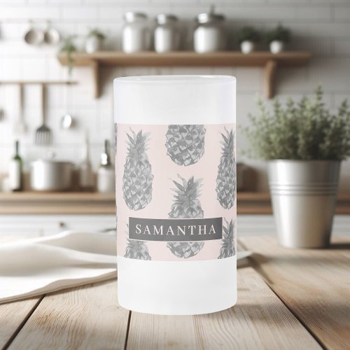Tropical Grey  Pink Pineapple Pattern With Name Frosted Glass Beer Mug