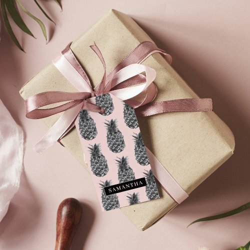 Tropical Grey  Pink Pineapple Pattern With Name Gift Tags
