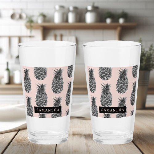 Tropical Grey  Pink Pineapple Pattern With Name Glass