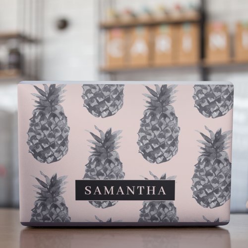 Tropical Grey  Pink Pineapple Pattern With Name HP Laptop Skin