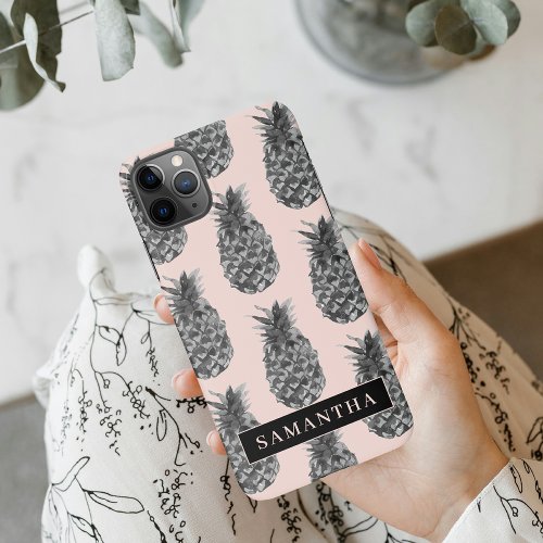 Tropical Grey  Pink Pineapple Pattern With Name iPhone 11Pro Max Case