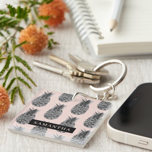 Tropical Grey  Pink Pineapple Pattern With Name Keychain