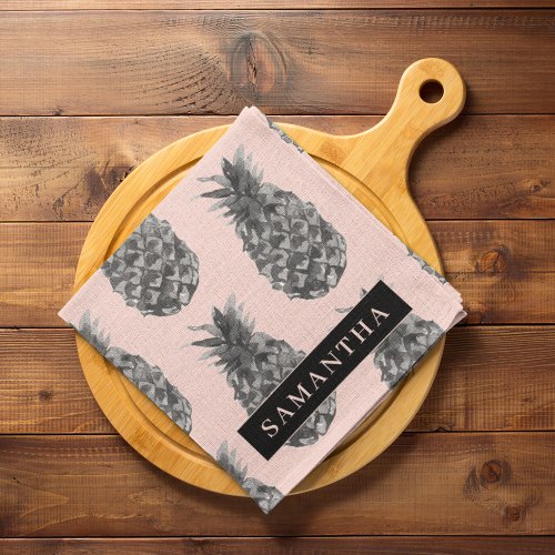 Tropical Grey  Pink Pineapple Pattern With Name Kitchen Towel