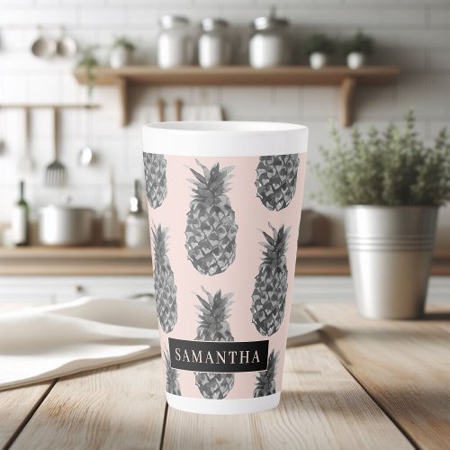 Tropical Grey  Pink Pineapple Pattern With Name Latte Mug