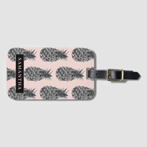 Tropical Grey  Pink Pineapple Pattern With Name Luggage Tag