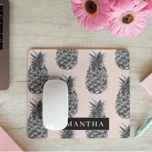 Tropical Grey  Pink Pineapple Pattern With Name Mouse Pad
