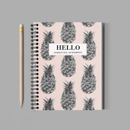 Tropical Grey &amp; Pink Pineapple Pattern With Name Notebook