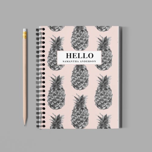 Tropical Grey  Pink Pineapple Pattern With Name Notebook