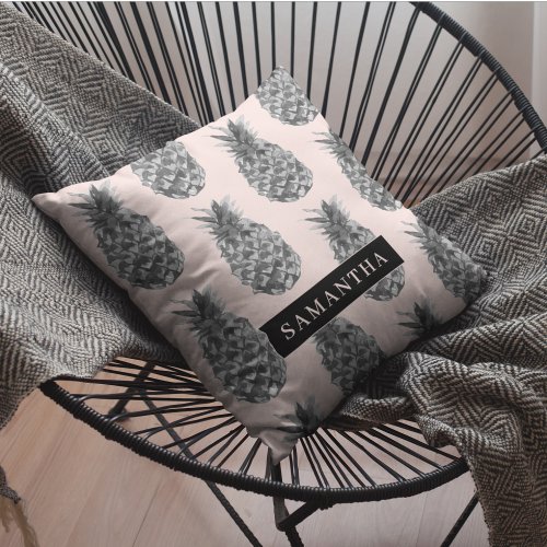 Tropical Grey  Pink Pineapple Pattern With Name Outdoor Pillow