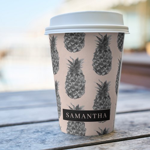 Tropical Grey  Pink Pineapple Pattern With Name Paper Cups