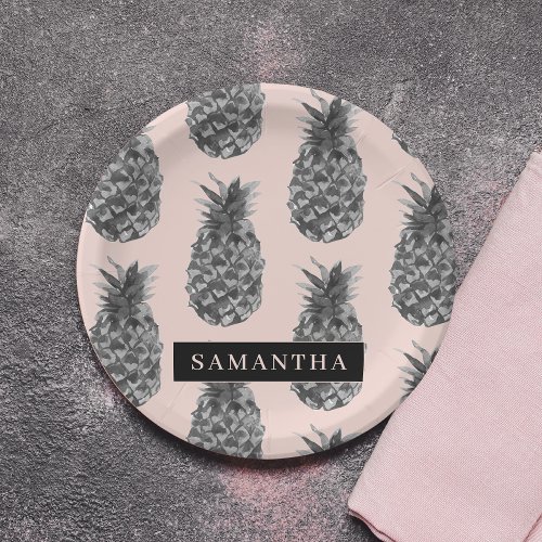 Tropical Grey  Pink Pineapple Pattern With Name Paper Plates