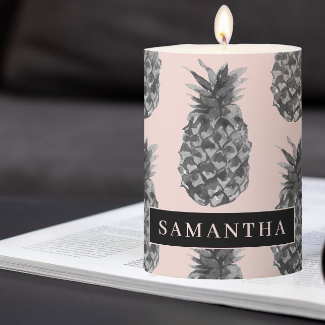 Tropical Grey & Pink Pineapple Pattern With Name Pillar Candle (Creator Uploaded)