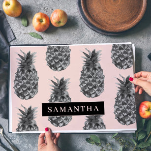 Tropical Grey & Pink Pineapple Pattern With Name Placemat