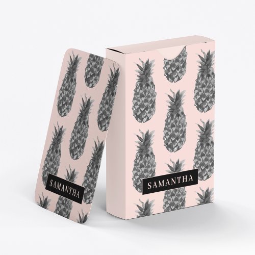Tropical Grey  Pink Pineapple Pattern With Name Playing Cards