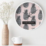 Tropical Grey & Pink Pineapple Pattern With Name Round Clock<br><div class="desc">Tropical Grey & Pink Pineapple Pattern With Name</div>