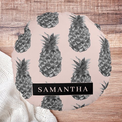 Tropical Grey  Pink Pineapple Pattern With Name Round Pillow