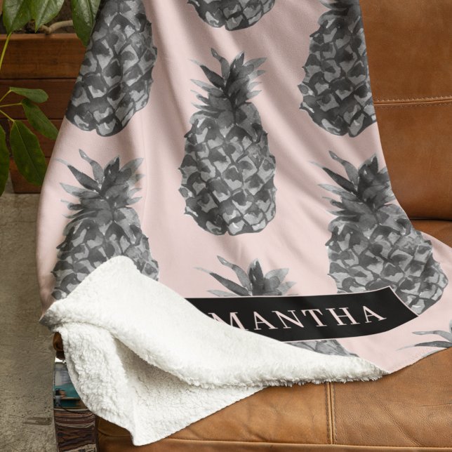 Tropical Grey & Pink Pineapple Pattern With Name Sherpa Blanket (Creator Uploaded)