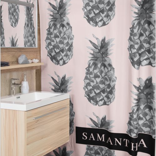 Tropical Grey  Pink Pineapple Pattern With Name Shower Curtain