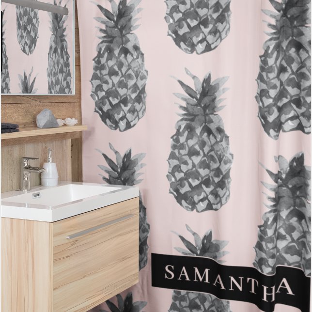 Tropical Grey & Pink Pineapple Pattern With Name Shower Curtain (Creator Uploaded)