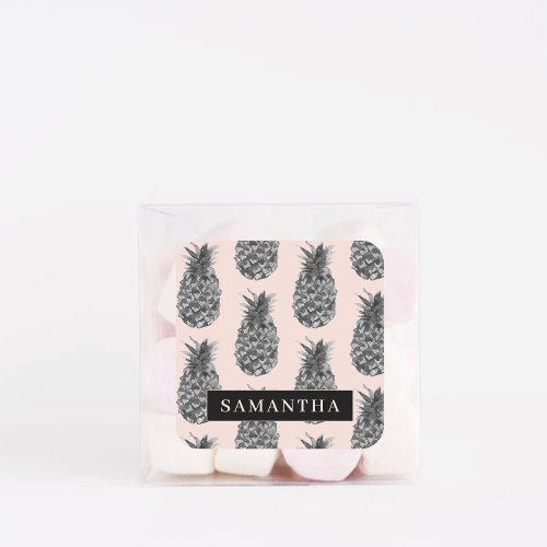 Tropical Grey  Pink Pineapple Pattern With Name Square Sticker