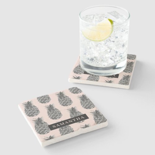 Tropical Grey  Pink Pineapple Pattern With Name Stone Coaster