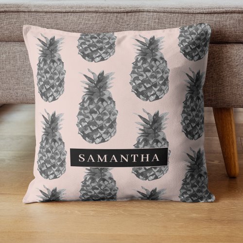 Tropical Grey  Pink Pineapple Pattern With Name Throw Pillow
