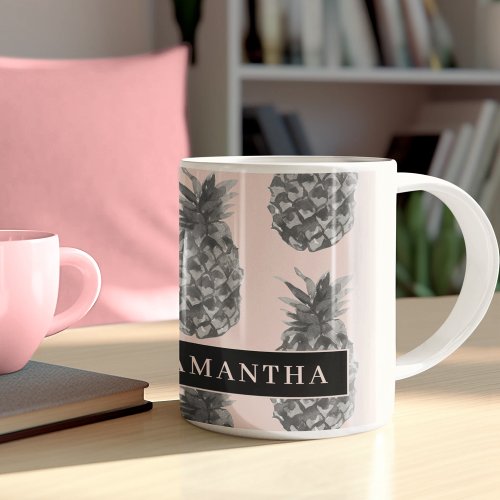 Tropical Grey  Pink Pineapple Pattern With Name Two_Tone Coffee Mug