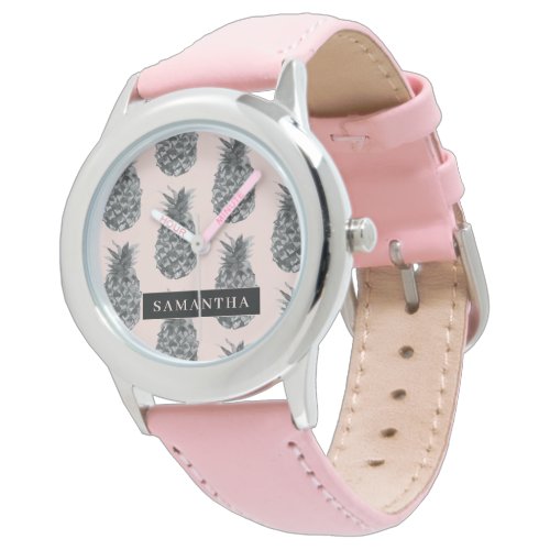 Tropical Grey  Pink Pineapple Pattern With Name Watch