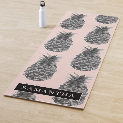 Tropical Grey  Pink Pineapple Pattern With Name Yoga Mat