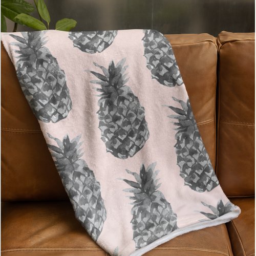 Tropical Grey  Pink Pineapple Seamless Pattern Fleece Blanket