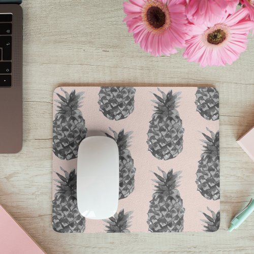 Tropical Grey  Pink Pineapple Seamless Pattern  Mouse Pad