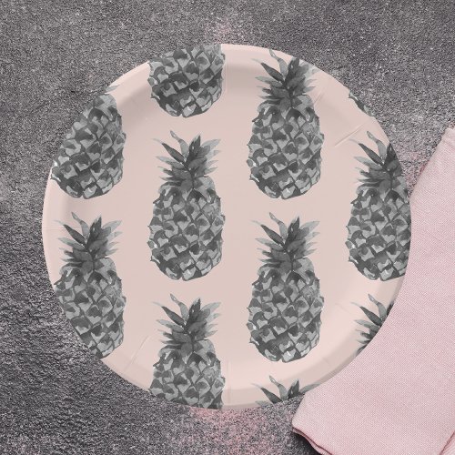 Tropical Grey  Pink Pineapple Seamless Pattern Paper Plates