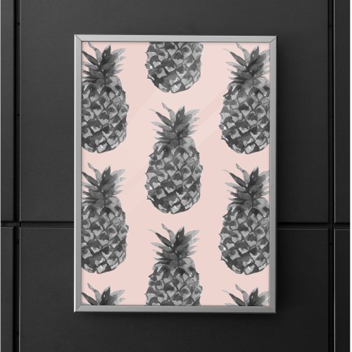 Tropical Grey  Pink Pineapple Seamless Pattern  Poster