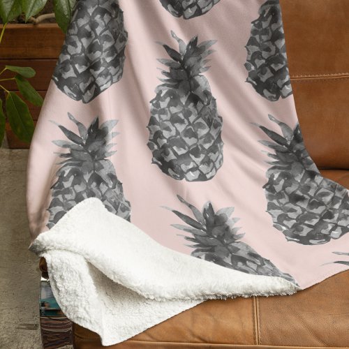 Tropical Grey  Pink Pineapple Seamless Pattern Sherpa Blanket