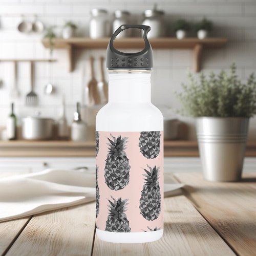 Tropical Grey  Pink Pineapple Seamless Pattern Stainless Steel Water Bottle
