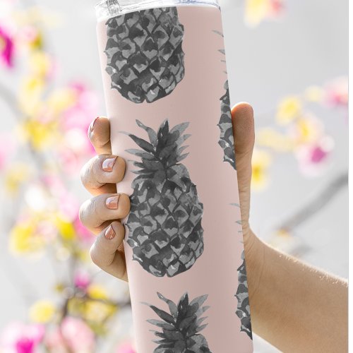 Tropical Grey  Pink Pineapple Seamless Pattern Thermal Tumbler