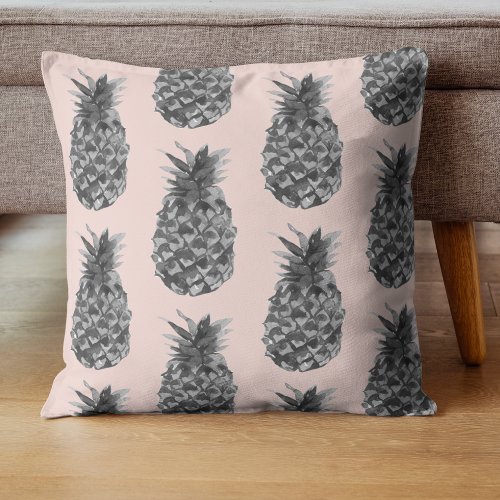 Tropical Grey  Pink Pineapple Seamless Pattern Throw Pillow