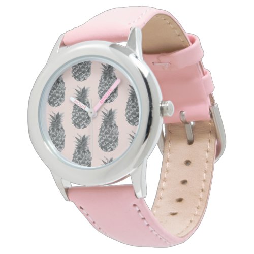 Tropical Grey  Pink Pineapple Seamless Pattern Watch