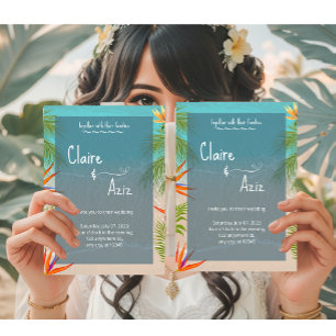 Tropical Grey Wedding Invitation with Palm Trees